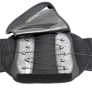 A black and gray lumbar support brace with adjustable straps.
