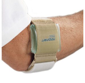 Wrist support brace worn on the arm for pain relief or injury.