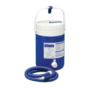 Blue and white insulated water cooler with hose attachment.