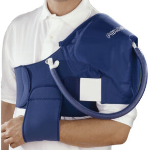 Person wearing a blue shoulder and arm ice therapy wrap.