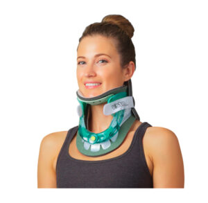 Smiling woman wearing a green cervical neck brace.