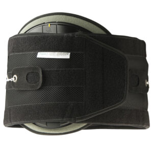 Black lumbar support belt with adjustable straps and a hard back plate.