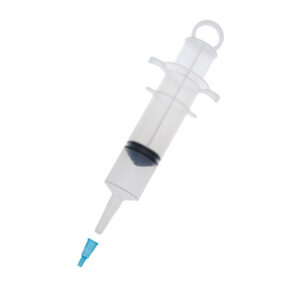 A plastic syringe with a blue needle cap on a white background.