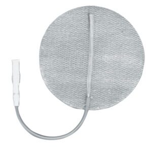 Round gray electrode pad with wire attached for medical use.