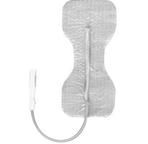 Adhesive electrode patch with wire connector for monitoring or therapy.