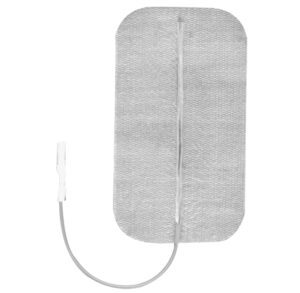 Rectangular adhesive electrode pad with attached cable for medical use.