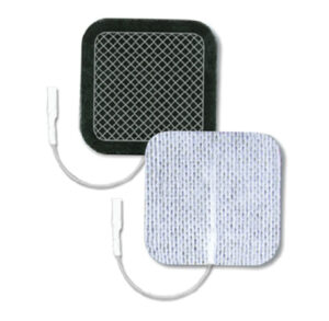 Two square electrode pads with attached wires for muscle stimulation.