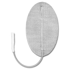 Gray oval electrode pad with attached wire for medical use.