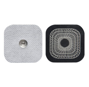 Front and back views of a square electrode pad with a central metal connector.