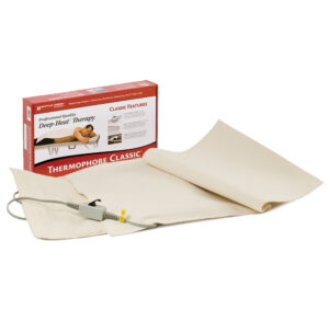 Electric heating pad with controller and fabric cover.