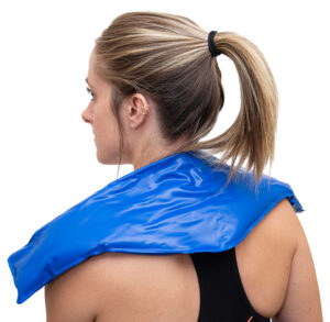 Woman with a blue ice pack on her neck and shoulder.