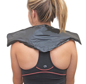 Woman with neck wrap for pain relief, viewed from behind.