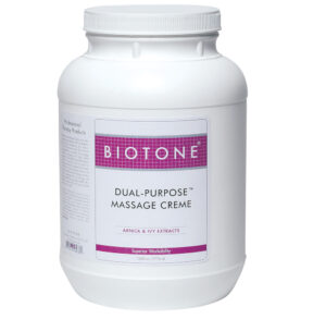 White container of Biotone dual-purpose manual creme for skin care.