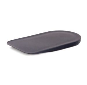 A sleek, curved black desk wrist rest.