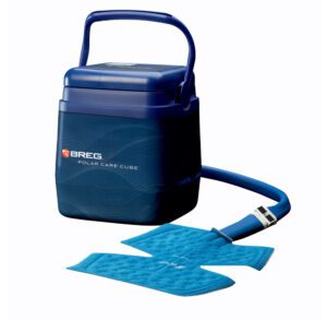 Portable cold therapy device with blue gel pads and hose.
