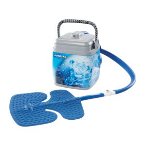 Portable ice maker with blue ice cubes and a flexible hose.