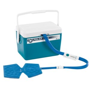 Blue and white portable cooler with attached ice pack and drainage hose.
