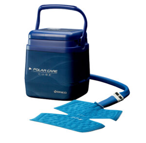 Blue medical device with a handle and electrode pads.
