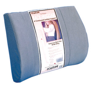 Ergonomic lumbar support cushion with adjustable straps.