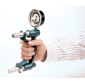 Hand holding a blue dynamometer for grip strength measurement.