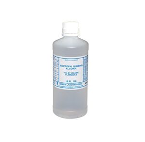 Clear plastic bottle of sterile saline solution with white cap.