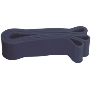 A dark blue resistance exercise band rolled up.
