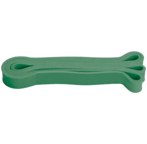 Green resistance band for exercise and strength training.