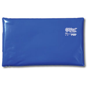 Blue gel ice pack with white logo and text.