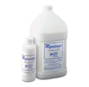 Two bottles of blue massage oil labeled "Massage Oil" in different sizes.