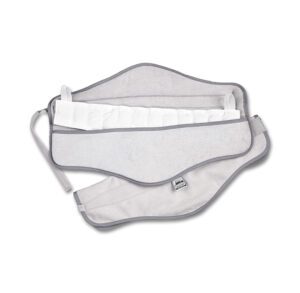 A white lumbar support belt with adjustable straps.
