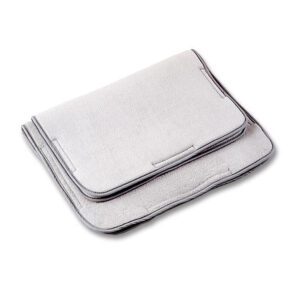 Two folded gray microfiber towels with dark trim.