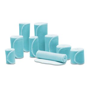 Assorted blue and white foam padding pieces in various shapes and sizes.