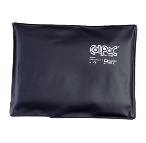 Black reusable gel ice pack with white branding on the front.