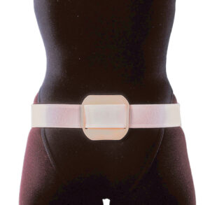 A white medical pelvic belt on a mannequin torso.