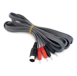 A coiled black audio cable with RCA connectors in red, white, and black.