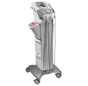 Sleek silver medical device on wheels with control panel.