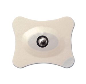 Square-shaped beige electrode pad with a central metal snap connector.