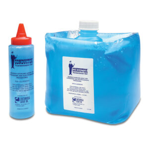 Blue ink bottle and refill pack for printers or stamps.