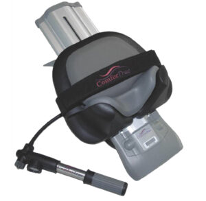 Black tactical gas mask with a filter attachment.