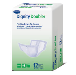 Box of Dignity Doubler adult diapers for moderate to heavy bladder control.