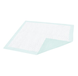 A white disposable underpad with a light blue backing.