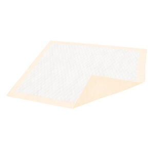 A white corner shelf with a beige underside.