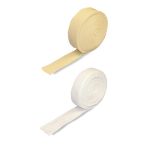 Two rolls of tape, one beige and one white, on a white background.