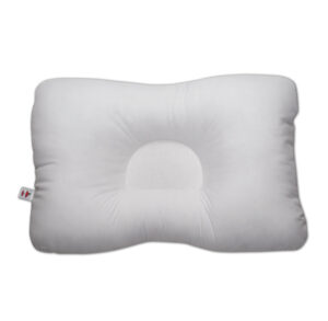 Ergonomic white pillow with central contour for head support.