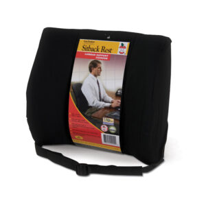 Black backrest support cushion with a strap, featuring a label showing a man using it at a desk.