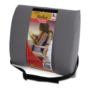 Contour lumbar support cushion with black strap for back comfort.