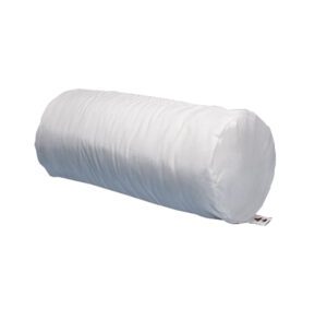 A white cylindrical bolster pillow with a smooth cover.