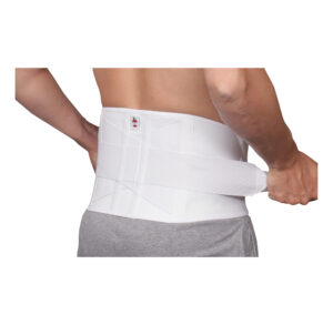 Person wearing a white lumbar support belt around the lower back.