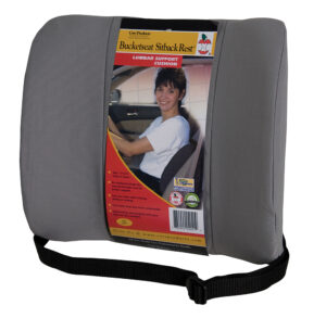 Gray lumbar support cushion with adjustable strap for car seats.