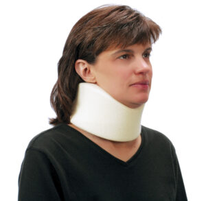 Person wearing a white neck brace for support.
